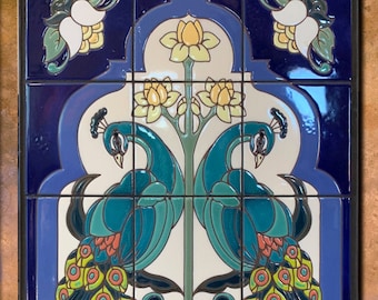 Hand Glazed Tile Mural Arabesque Peacock