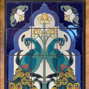 Hand Glazed Tile Mural Arabesque Peacock