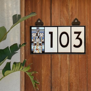 Waterlilies | Custom Frank Lloyd Wright© White Ceramic Tile Address Numbers | Hand Glazed Tile | Personalizable Framed Modern Address Sign