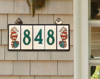 Seahorse House Numbers | White Background Jade Numbers | Seahorse Decorative End Caps | Custom Hand Glazed Coastal Ceramic Tile House Sign
