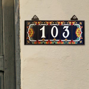 Talavera Tile House Sign | White on Dark Blue | Talavera End Caps | Hand Glazed Tile Address Numbers | Colorful Southwest Tile