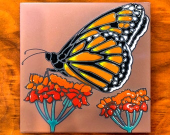 6"x6" Monarch Butterfly with Milkweed on Terra Cotta Ceramic tile