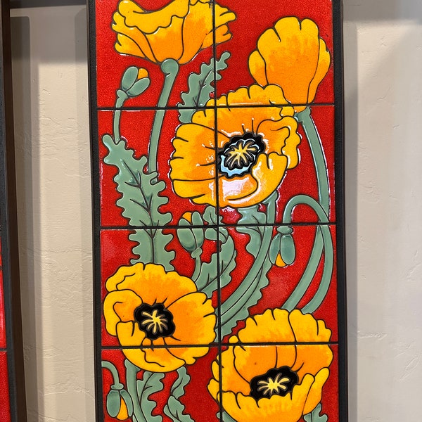 Hand Glazed Orange and Red Ceramic Tile Poppy Mural