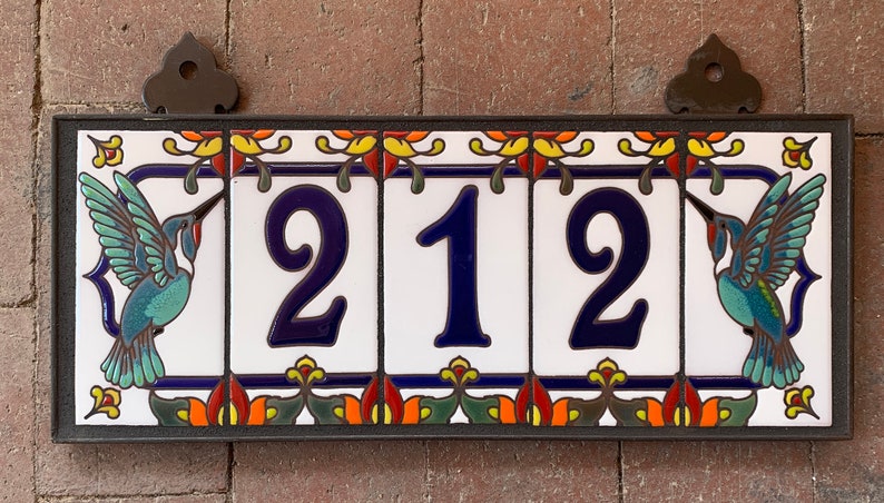 Custom Royal Blue on White Ceramic Tile House Numbers with Hummingbird End Caps image 1
