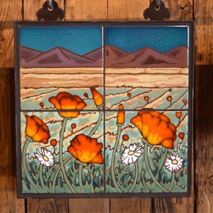 12x12 Poppies in Field Hand Glazed Decorative Tile Mural