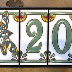 Custom Hand Glazed Tidal Pool Green on White Dragonfly Tile House Numbers