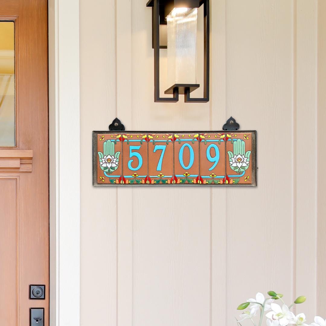 Southwestern Address Sign With Hamsa End Caps | Turquoise on Terra