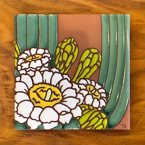 Saguaro Cactus Bloom Art Tile: Hand-Glazed Southwestern Decor