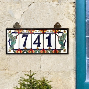Hummingbird Tile Address Sign | Blue on White Ceramic | Talavera Tile Design | Hummingbird End Caps | Custom House Numbers | Hand Glazed