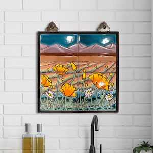 12x12 Poppies in Field Hand Glazed Decorative Tile Mural | Hand Glazed Tile Wall Art | Arizona Artist | Indoor / Outdoor Colorful Wall Decor