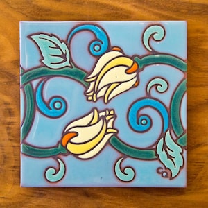 6x6 Hand Glazed Nouveau Vine Tile in Blue or Red - Wall Tile, Art Gift, Kitchen Trivet or Wall Art