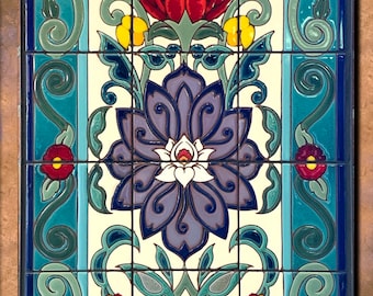 LOOSE FOR INSTALL-Arabesque Lotus Blossom  Hand Glazed Tile Mural