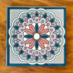 6x6 Mandala Hand Glazed Decorative Art Tile in Sea Green or Sand - Kitchen trivet or small wall art