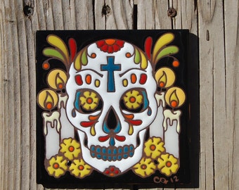 Day of the Dead Altar with Cross 6"x6" Hand Glazed Tile Trivet