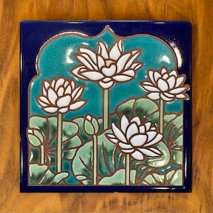 6"x6" Hand Glazed Lotus Field Decorative Tile Coaster Trivet