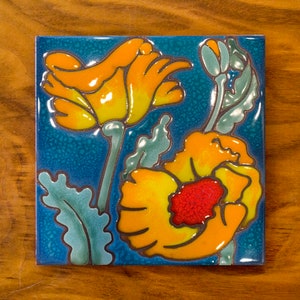 6"x6" Hand Glazed Decorative Tile Coaster Trivet Orange Desert Poppies