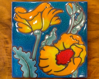 6"x6" Hand Glazed Decorative Tile Coaster Trivet Orange Desert Poppies