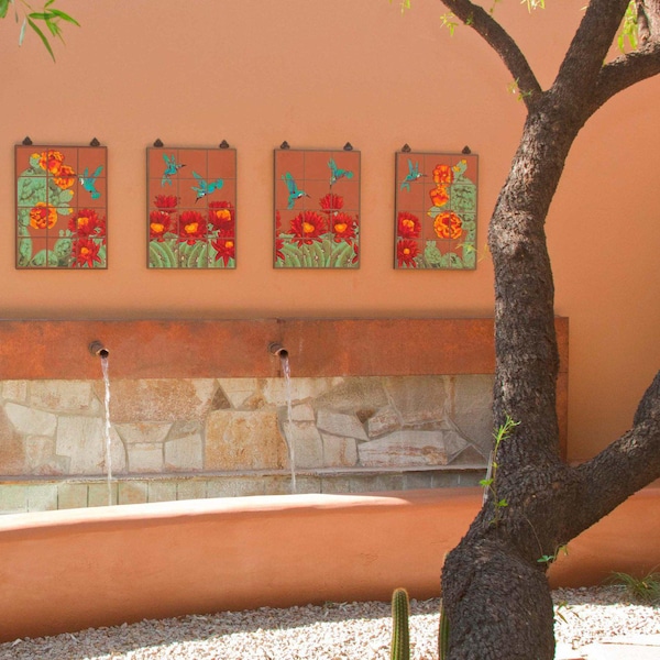 18x24 Hummingbirds on Terra Cotta 4 Panel Design Options | Framed or Loose Tiles | Southwest Desert Wall Art | Outdoor Colorful Wall Decor