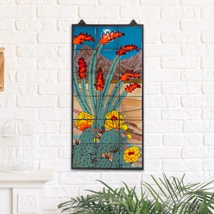 18x36 Ocotillo Hand Glazed Tile Mural | 18&quot;x36&quot; Hand Glazed Ceramic Tile Art | Indoor Outdoor Wall Decor | Metal Frame | Weatherproof