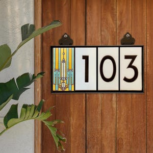 Coonley House | Custom Frank Lloyd Wright© White Ceramic Tile Address Numbers | Hand Glazed Tile | Personalizable Framed Modern Address Sign