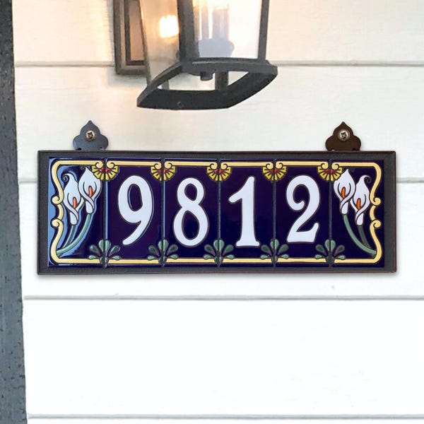 Calla Lily House Number Sign | White on Blue Ceramic Tile | Calla Lily End Caps | Personalizable Tile House Address Plaque | Hand Glazed