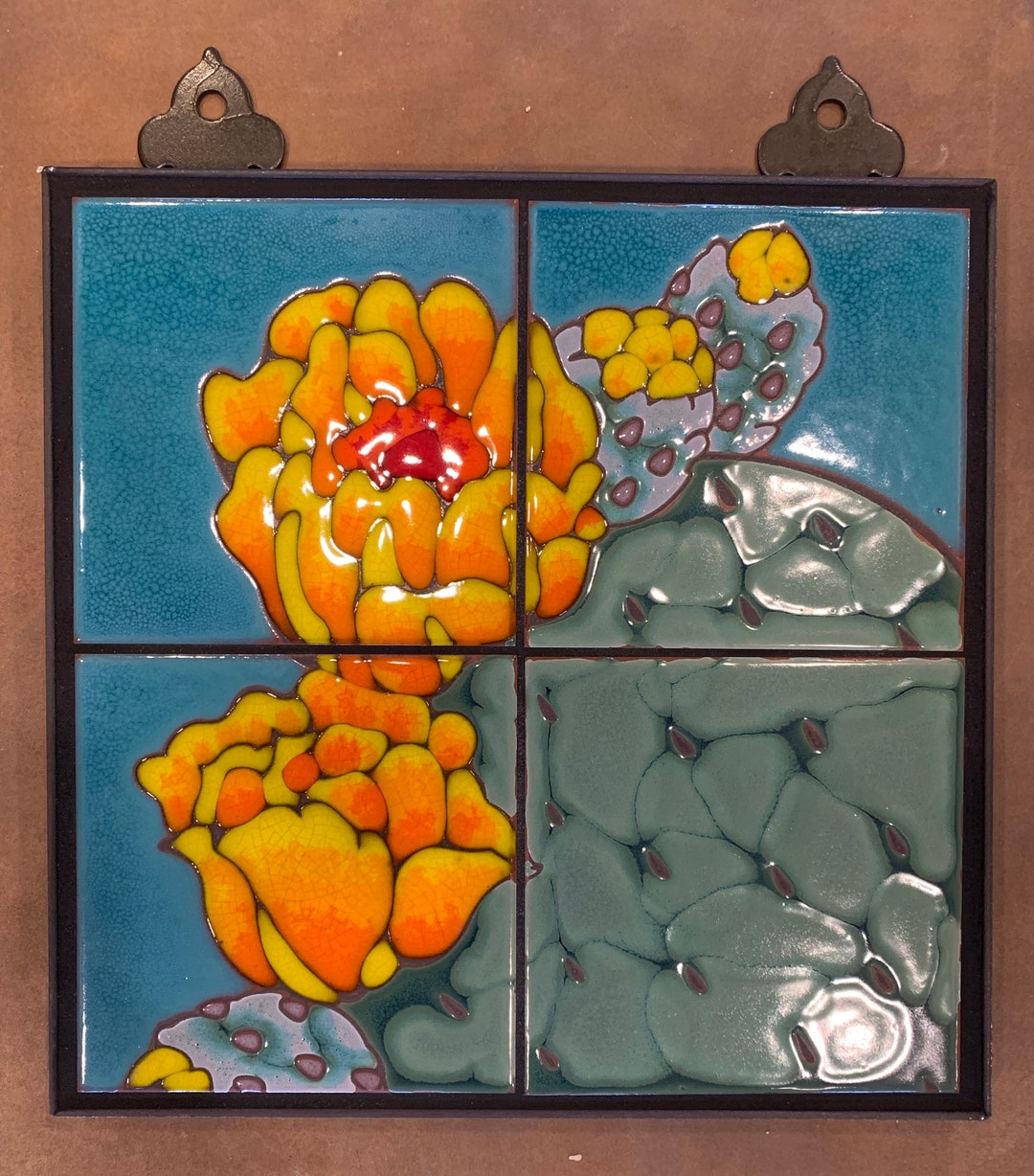 12x12 Prickly Pear Cactus Hand Glazed Decorative Tile Mural Etsy