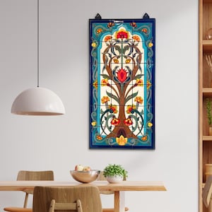 Tree of Life Wall Art | 18"x36" Hand-Glazed Ceramic Tile Mural | Indoor/Outdoor Arabesque Wall Decor in Metal Frame | Weatherproof Art