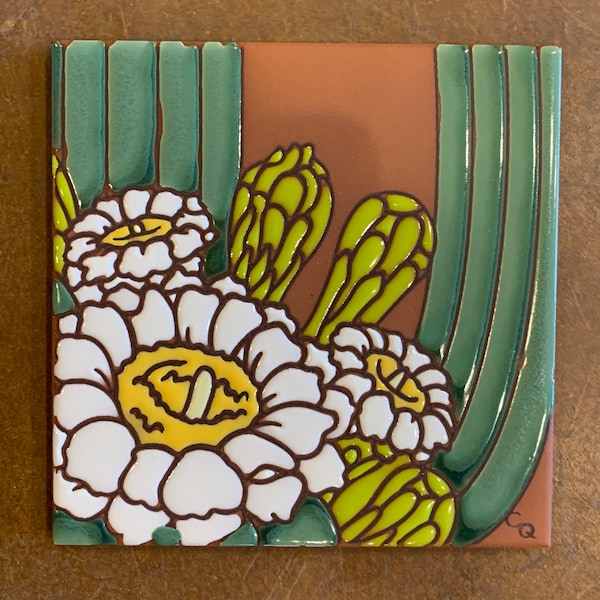 6"x6" Saguaro Blooms on Terra Cotta Ceramic tile