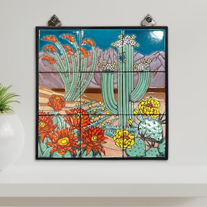 18&quot;x18&quot; Desert Scene Tile Mural | Hand-Glazed Ceramic Desert Wall Art | Indoor/Outdoor Saguaro Cactus | Framed or Loose Tiles | Weatherproof