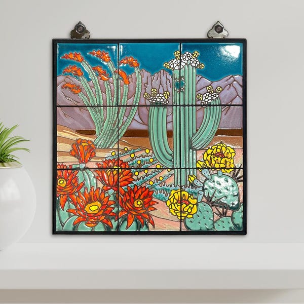 18"x18" Desert Scene Tile Mural | Hand-Glazed Ceramic Desert Wall Art | Indoor/Outdoor Saguaro Cactus | Framed or Loose Tiles | Weatherproof