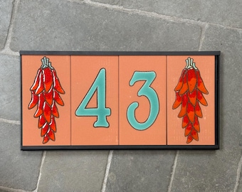 Chilis Southwestern Address Sign | Loose House Number Tiles & Drop-In Frame | Terra Cotta with White or Jade Numbers | Chile Ristra End Caps