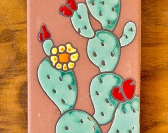 Prickly Pear Cactus Tile Art: Hand-Glazed Terra Cotta Desert Decor (3&quot;x6&quot;)
