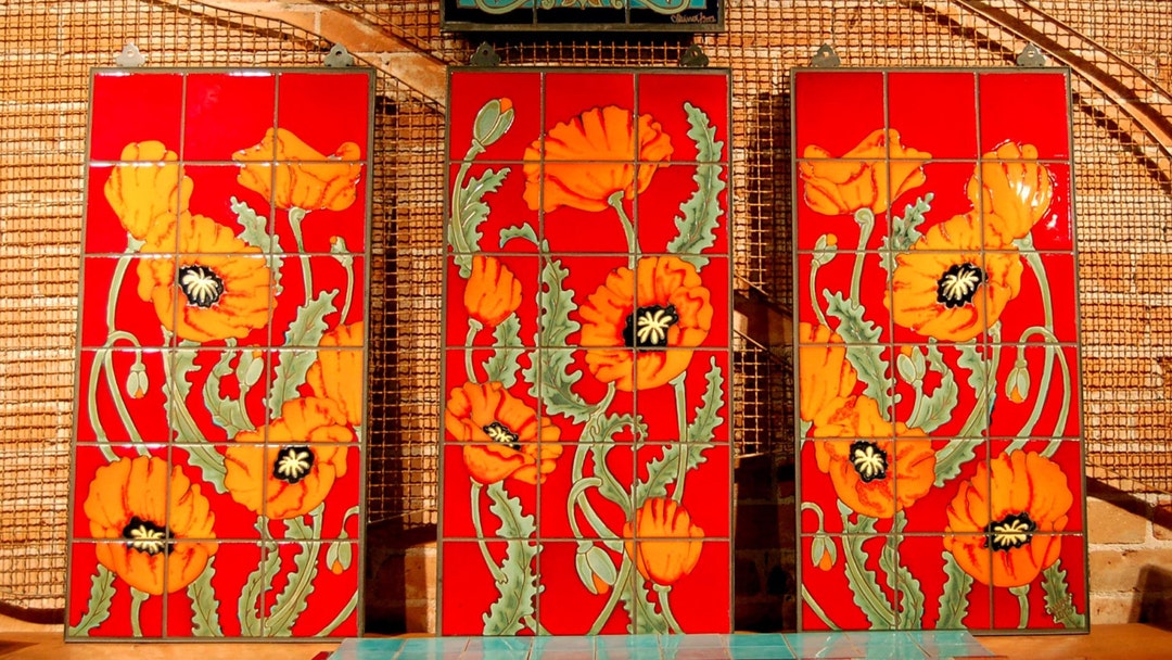 Poppy Glass Tile Red & Orange Poppies Hand Glazed Tile Mural Triptych- Made to Order - Etsy