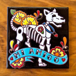 Day of the Dead Dog 6"x6" Hand Glazed Tile Trivet | Made in Tucson, AZ