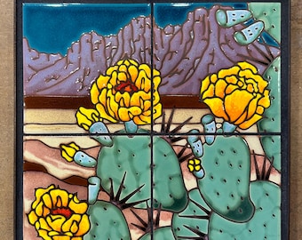 12x12 Prickly Pear Blooms Hand Glazed Decorative Tile Mural - Southwest Wall Art