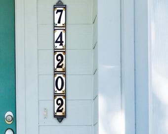 Vertical Tile House Number Sign | Blue on White Calla Lily Floral Design | Framed Hand Glazed Custom Address Plaque | Personalizable