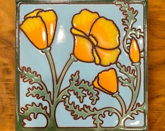 6"x6" California Poppies Hand Glazed Ceramic Tile Trivet