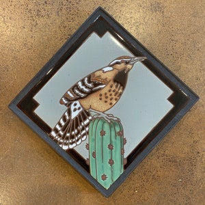 8"x8" Hand Glazed Cactus Wren Ceramic Tile