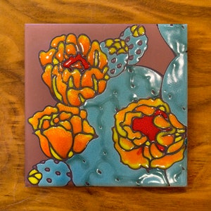 6&quot;x6&quot; Prickly Pear Cactus Bloom on Terra Cotta Ceramic Tile | Hand Glazed Trivet or Wall Art | Desert Wildflower Decor | Desert Art Gift