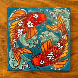 6"x6" Hand Glazed Koi on Blue Decorative Tile Coaster Trivet