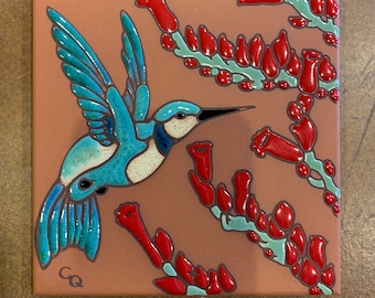 6"x6" Hummingbird with Ocotillo on Terra Cotta Ceramic tile