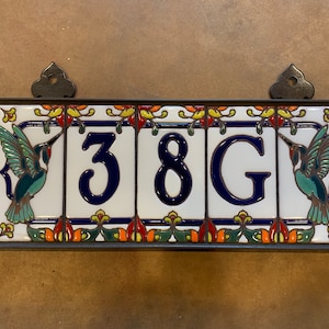 Custom Royal Blue on White Ceramic Tile House Numbers with Hummingbird End Caps image 2