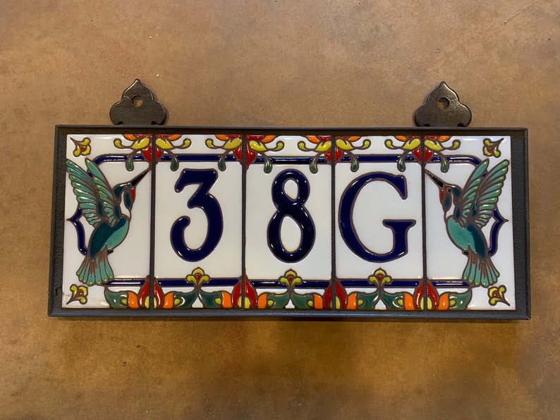 Custom Royal Blue on White Ceramic Tile House Numbers with Hummingbird End Caps image 2