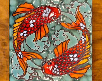 6"x6" Hand Glazed Koi on Green Decorative Tile Coaster Trivet