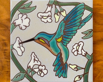 6x6 Hand glazed Ceramic Hummingbird with Trumpet Vine Tile | Floral Wall Art or Gift for Bird Lovers | Made in Tucson, Arizona