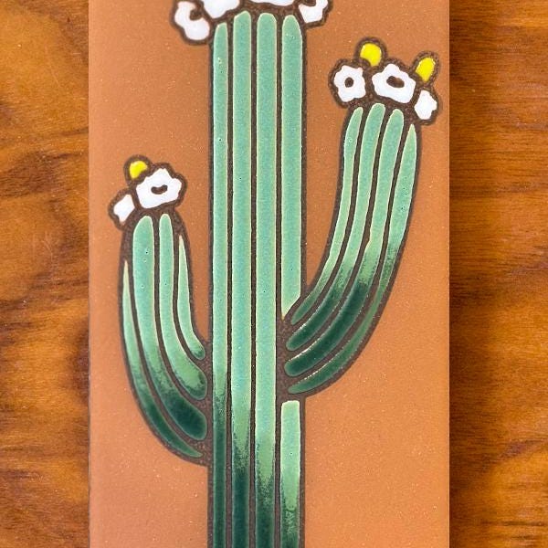Blooming Saguaro Cactus Tile Art: Hand-Glazed Terra Cotta, Made in Arizona (3"x6")
