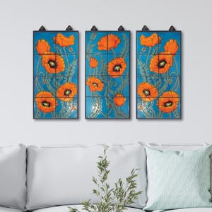 Hand Glazed Tile Poppies Mural 12"x24" on Emerald - 3 individual options or triptych, framed or loose tiles ready for installation