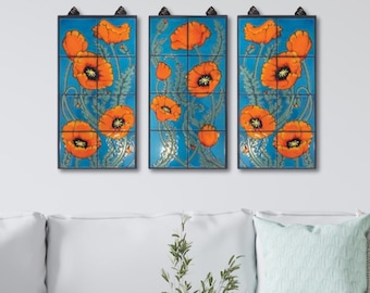 Hand Glazed Tile Poppies Mural 12&quot;x24&quot; on Emerald - 3 individual options or triptych, framed or loose tiles ready for installation