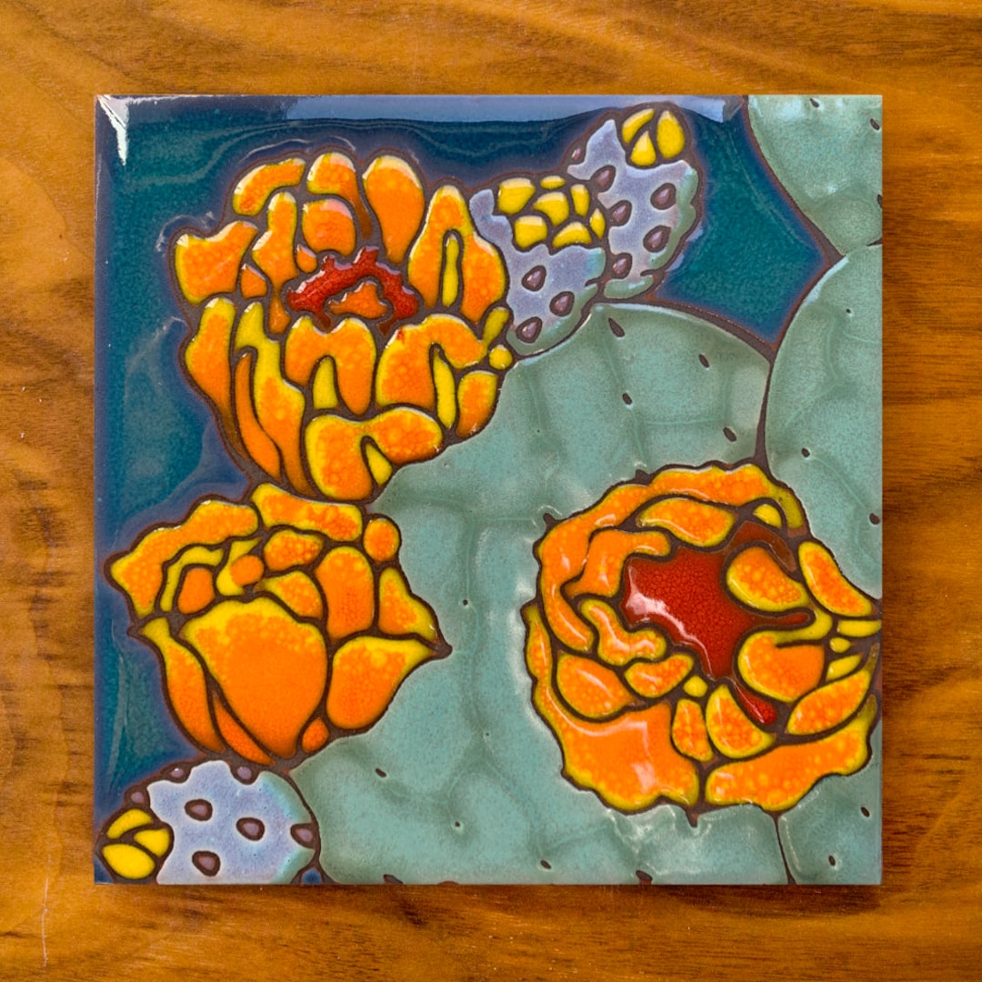 6x6 Hand Glazed Decorative Tile Coaster Trivet Prickly Pear Cactus