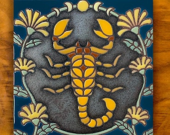 Scorpion and Yellow Flowers | Hand glazed Ceramic Tile | Desert Art Gift